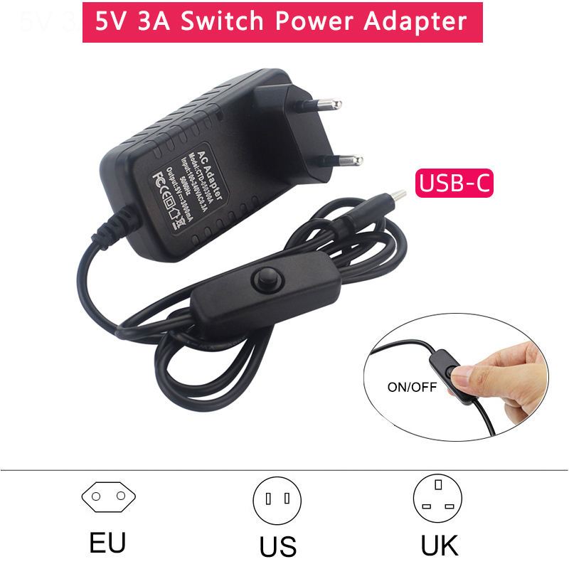 Banana Pi Bpi-M5 - 5V 3A電源供給装置、ON/OFFスイッチ付き、EU・US・UKプラグ対応充電器、USB Type-C電源アダプター、Raspberry Pi 4、Orange Pi